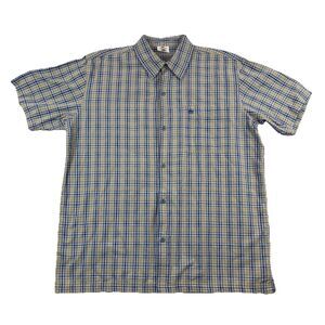 Vintage Kikai Machine Button Up Shirt Mens L Tan Blue Plaid Short Sleeve